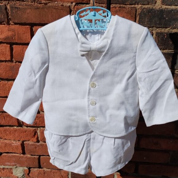 All White Linen Tuxedo Shorts w/ Suspenders Romper, Jacket & Bowtie Outfit 18mo - Picture 1 of 8